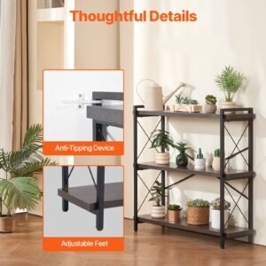 metal bookshelf, 3 tier industrial bookshelf, small rustic storage display bookcase with open shelves, freestanding display vintage shelving unit storage rack, for living room, bedroom & office