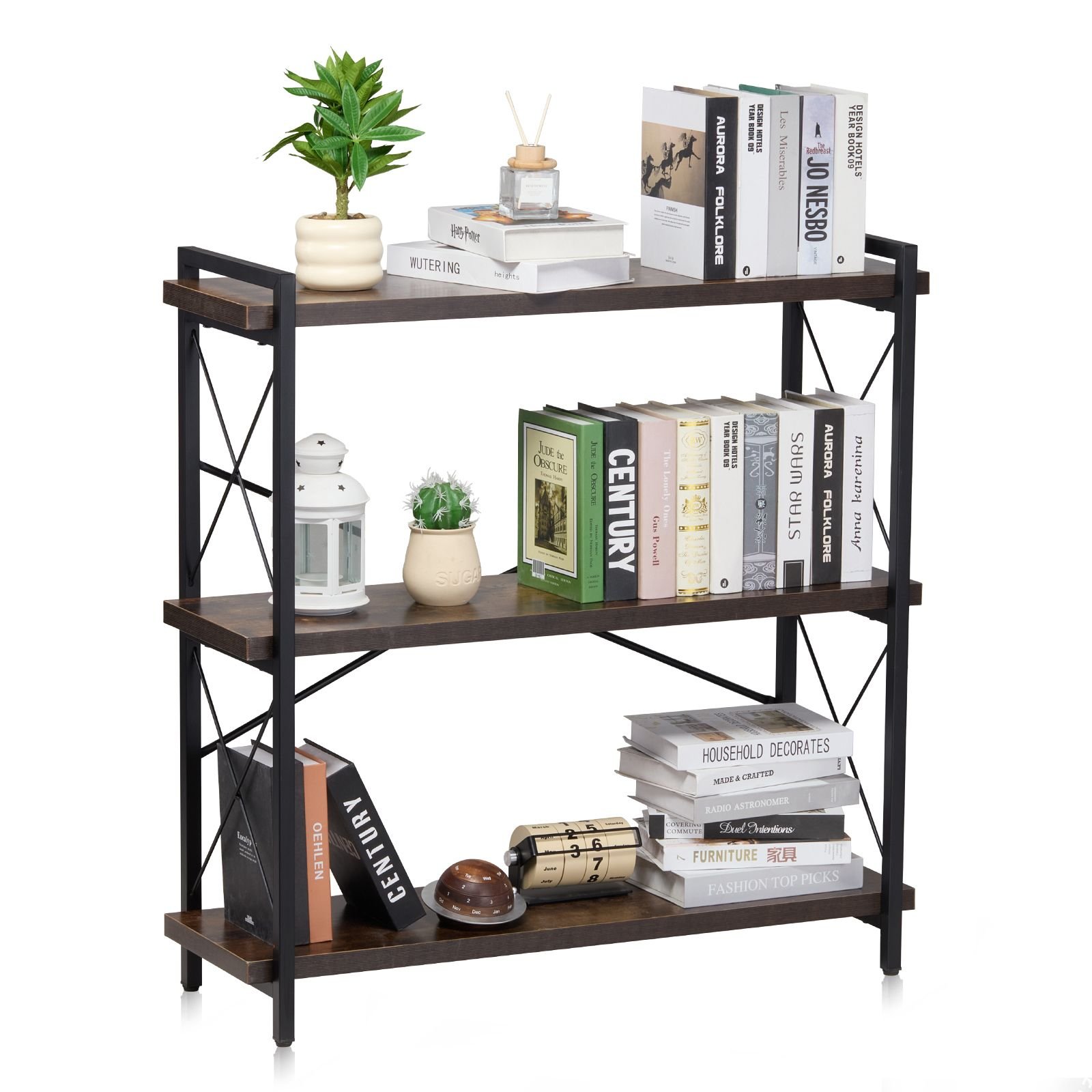 metal bookshelf, 3 tier industrial bookshelf, small rustic storage display bookcase with open shelves, freestanding display vintage shelving unit storage rack, for living room, bedroom & office