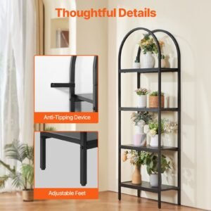 metal bookshelf, 4 tier arched industrial bookshelf, small rustic vintage storage bookcase with open shelves, freestanding display shelving unit storage rack, for living room, bedroom & office
