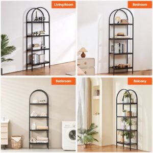 metal bookshelf, 4 tier arched industrial bookshelf, small rustic vintage storage bookcase with open shelves, freestanding display shelving unit storage rack, for living room, bedroom & office