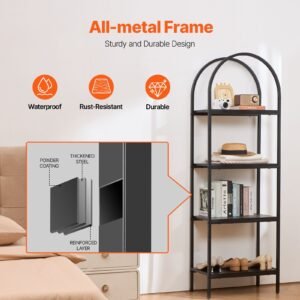 Metal Bookshelf, 4-Tier Arched Industrial Bookshelf, Small Rustic Vintage Storage Bookcase with Open Shelves, Freestanding Display Shelving Unit Storage Rack, for Living room, Bedroom & Office