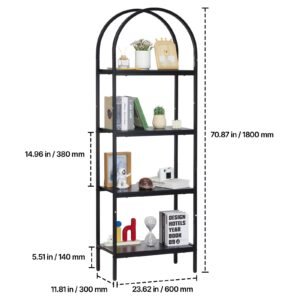metal bookshelf, 4 tier arched industrial bookshelf, small rustic vintage storage bookcase with open shelves, freestanding display shelving unit storage rack, for living room, bedroom & office