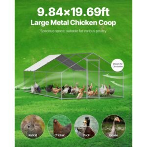 metal chicken coop, 9.8x19.6x6.5 ft large walk in chicken runs with cover, spire roof hen house enclosure with security lock, outdoor duck rabbit cage poultry pen for backyard, farm, yard