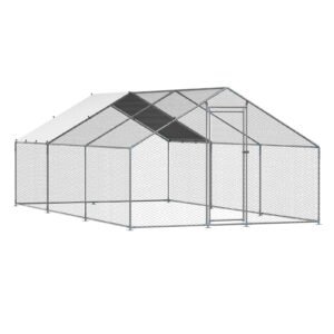 Metal Chicken Coop, 9.8x19.6x6.5 ft Large Walk-in Chicken Runs with Cover, Spire Roof Hen House Enclosure with Security Lock, Outdoor Duck Rabbit Cage Poultry Pen for Backyard, Farm, Yard