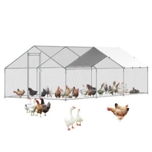 metal chicken coop, 9.8x19.6x6.5 ft large walk in chicken runs with cover, spire roof hen house enclosure with security lock, outdoor duck rabbit cage poultry pen for backyard, farm, yard