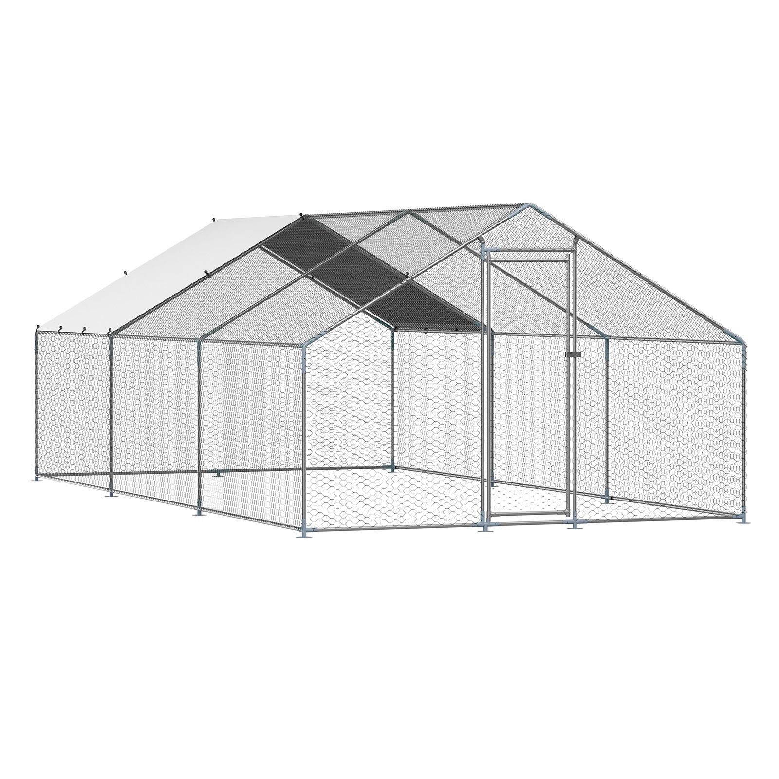 metal chicken coop, 9.8x19.6x6.5 ft large walk in chicken runs with cover, spire roof hen house enclosure with security lock, outdoor duck rabbit cage poultry pen for backyard, farm, yard