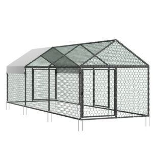 Metal Chicken Coop for 6-8 Chickens, 3.3 x 9.8 x 3.3 ft, Small Chicken Cage with Waterproof Cover & 3 Doors, Spire Roof Poultry Run Compatible with Wooden Coops, for Rabbit Hen Goose Duck