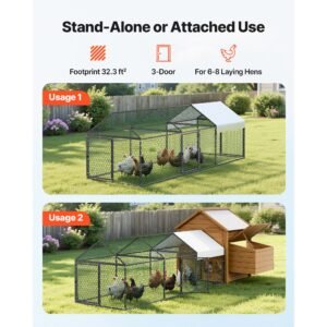 metal chicken coop for 6 8 chickens, 3.3 x 9.8 x 3.3 ft, small chicken cage with waterproof cover & 3 doors, spire roof poultry run compatible with wooden coops, for rabbit hen goose duck