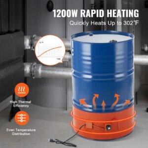 metal drum heater, 1200 watt 10 inch width, pail heating band for 55 gallon barrel, 86 302fahrenheit adjustable thermostat, high efficiency silicone grease keg heater, fcc listed orange