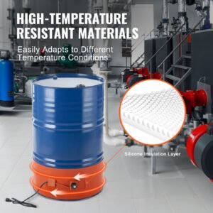 metal drum heater, 1200 watt 10 inch width, pail heating band for 55 gallon barrel, 86 302fahrenheit adjustable thermostat, high efficiency silicone grease keg heater, fcc listed orange