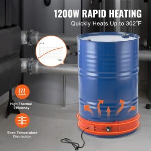 metal drum heater, 1200 watt 5 inch width, pail heating band for 55 gallon barrel, 86 302fahrenheit adjustable thermostat, high efficiency silicone grease keg heater, fcc listed orange