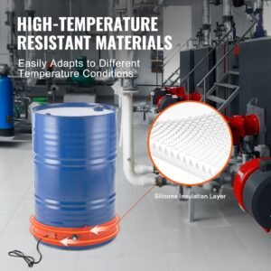 metal drum heater, 1200 watt 5 inch width, pail heating band for 55 gallon barrel, 86 302fahrenheit adjustable thermostat, high efficiency silicone grease keg heater, fcc listed orange