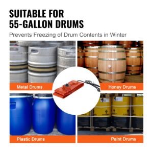 metal drum heater, 1200 watt 5 inch width, pail heating band for 55 gallon barrel, 86 302fahrenheit adjustable thermostat, high efficiency silicone grease keg heater, fcc listed orange