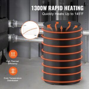 metal drum heater, 1300 watt, pail heating band for 55 gallon barrel, 0 145 f adjustable with independent thermostat, waterproof oxford fabric high efficiency grease keg heater, fcc listed
