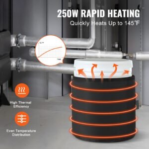 metal drum heater, 250 watt, pail heating band for 5 gallon barrel, 0 145fahrenheit adjustable with independent thermostat, waterproof oxford fabric high efficiency grease keg heater, fcc listed