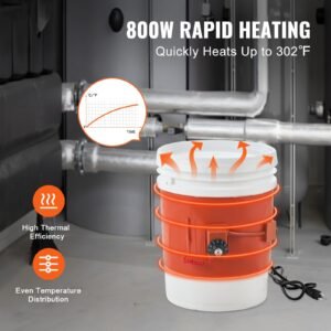 metal drum heater, 800 watt 7.75 inch width, pail heating band for 5 gallon barrel, 86 302fahrenheit adjustable thermostat, high efficiency silicone grease keg heater, fcc listed orange