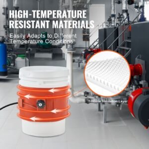 metal drum heater, 800 watt 7.75 inch width, pail heating band for 5 gallon barrel, 86 302fahrenheit adjustable thermostat, high efficiency silicone grease keg heater, fcc listed orange