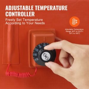 metal drum heater, 800 watt 7.75 inch width, pail heating band for 5 gallon barrel, 86 302fahrenheit adjustable thermostat, high efficiency silicone grease keg heater, fcc listed orange