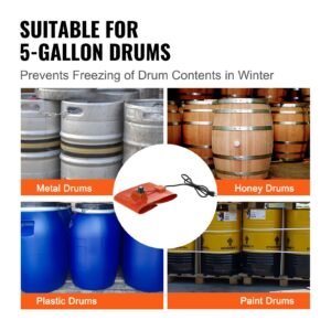 metal drum heater, 800 watt 7.75 inch width, pail heating band for 5 gallon barrel, 86 302fahrenheit adjustable thermostat, high efficiency silicone grease keg heater, fcc listed orange