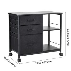 metal file cabinet, mobile filing cabinet with 3 fabric drawers and 2 open shelves, wooden vertical filing storage cabinets with wheels for letter, a4, legal size file, easy assembly, black