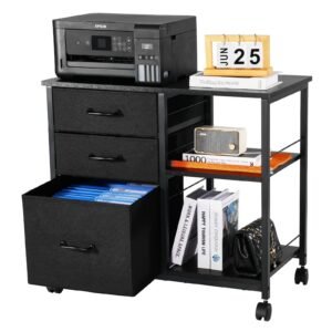 metal file cabinet, mobile filing cabinet with 3 fabric drawers and 2 open shelves, wooden vertical filing storage cabinets with wheels for letter, a4, legal size file, easy assembly, black