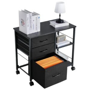 metal file cabinet, mobile filing cabinet with 3 fabric drawers and 2 open shelves, wooden vertical filing storage cabinets with wheels for letter, a4, legal size file, easy assembly, black