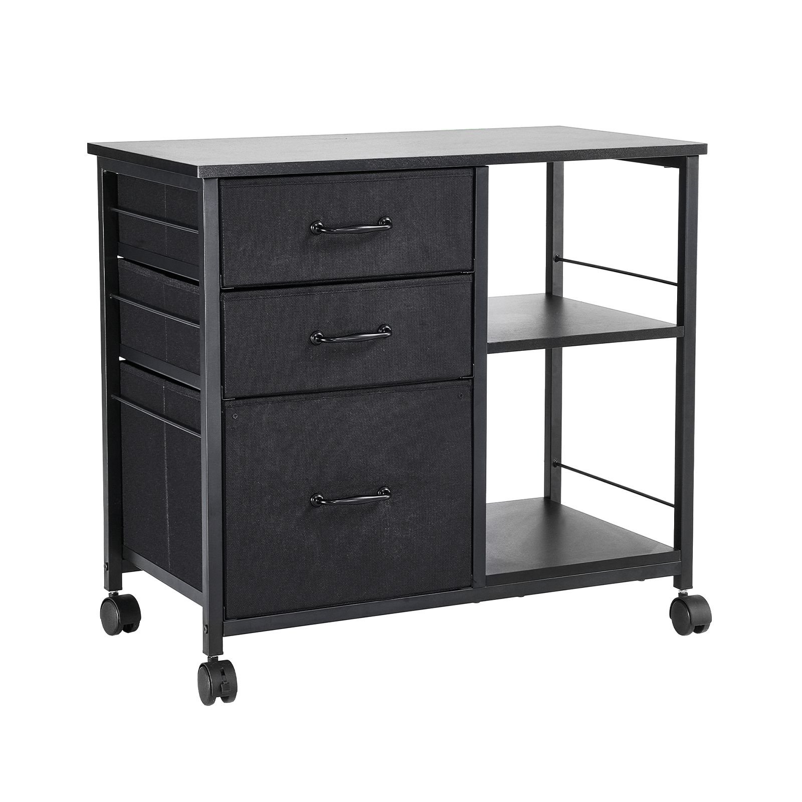 metal file cabinet, mobile filing cabinet with 3 fabric drawers and 2 open shelves, wooden vertical filing storage cabinets with wheels for letter, a4, legal size file, easy assembly, black