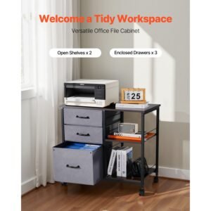metal file cabinet, mobile filing cabinet with 3 fabric drawers and 2 open shelves, wooden vertical filing storage cabinets with wheels for letter, a4, legal size file, easy assembly, brown