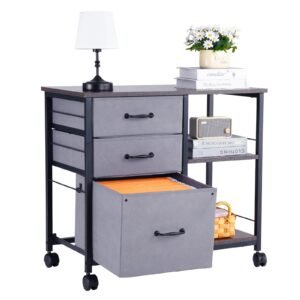 Metal File Cabinet, Mobile Filing Cabinet with 3 Fabric Drawers and 2 Open Shelves, Wooden Vertical Filing Storage Cabinets with Wheels for Letter, A4, Legal Size File, Easy Assembly, Brown