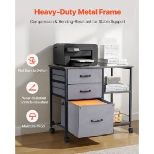metal file cabinet, mobile filing cabinet with 3 fabric drawers and 2 open shelves, wooden vertical filing storage cabinets with wheels for letter, a4, legal size file, easy assembly, brown