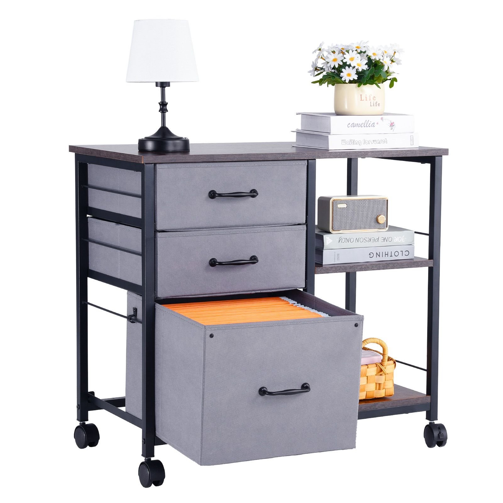 metal file cabinet, mobile filing cabinet with 3 fabric drawers and 2 open shelves, wooden vertical filing storage cabinets with wheels for letter, a4, legal size file, easy assembly, brown