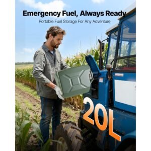 metal fuel container, 5.3 gallon, fuel jerry can with spout and comfort handle, 6 l/min max flow rate, leakproof & corrosion resistant metal gas tank most cars motorcycle atv utv, green