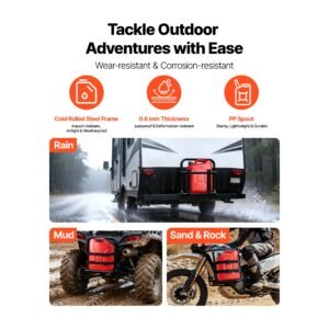 metal fuel container, 5.3 gallon, fuel jerry can with spout and comfort handle, 6 l/min max flow rate, leakproof & corrosion resistant metal gas tank most cars motorcycle atv utv, red