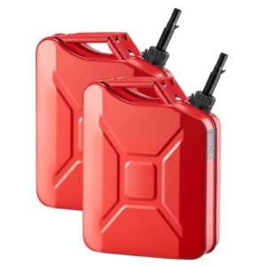 metal fuel container, 5.3 gallon, fuel jerry can with spout and comfort handle, 6 l/min max flow rate, leakproof & corrosion resistant metal gas tank most cars motorcycle atv utv, red, 2 packs
