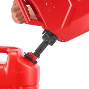 metal fuel container, 5.3 gallon, fuel jerry can with spout and comfort handle, 6 l/min max flow rate, leakproof & corrosion resistant metal gas tank most cars motorcycle atv utv, red, 2 packs