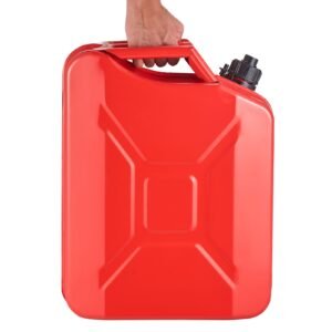 metal fuel container, 5.3 gallon, fuel jerry can with spout and comfort handle, 6 l/min max flow rate, leakproof & corrosion resistant metal gas tank most cars motorcycle atv utv, red, 2 packs