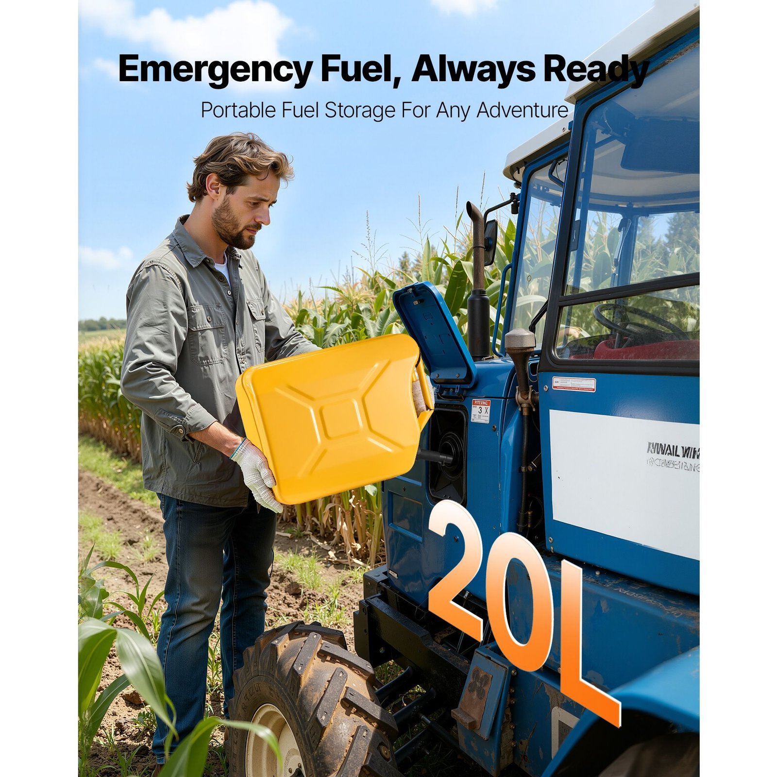 metal fuel container, 5.3 gallon, fuel jerry can with spout and comfort handle, 6 l/min max flow rate, leakproof & corrosion resistant metal gas tank most cars motorcycle atv utv, yellow