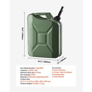 metal fuel container, 5.3 gallon, fuel jerry can with spout and comfort handle, 6 l/min max flow rate, leakproof & corrosion resistant metal gas tank most motorcycle atv utv, green, 2 packs