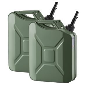 metal fuel container, 5.3 gallon, fuel jerry can with spout and comfort handle, 6 l/min max flow rate, leakproof & corrosion resistant metal gas tank most motorcycle atv utv, green, 2 packs