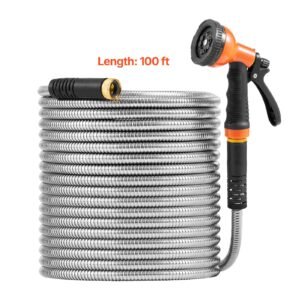 metal garden hose 100 ft, rust proof stainless steel water hose, heavy duty backyard hose with 10 function nozzle, no kink & flexible water pipe, lightweight metal hose for yard, outdoor