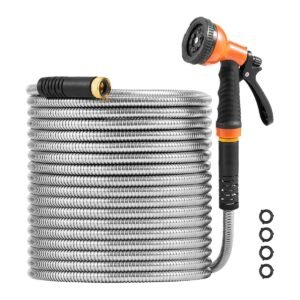 metal garden hose 200 ft, rust proof stainless steel water hose, heavy duty backyard hose with 10 function nozzle, no kink & flexible water pipe, lightweight metal hose for yard, outdoor
