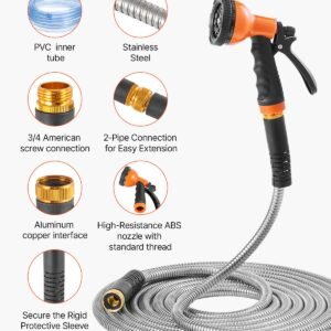 metal garden hose 200 ft, rust proof stainless steel water hose, heavy duty backyard hose with 10 function nozzle, no kink & flexible water pipe, lightweight metal hose for yard, outdoor