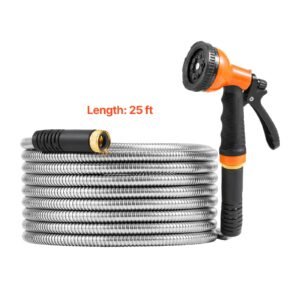 metal garden hose 25 ft, rust proof stainless steel water hose, heavy duty backyard hose with 10 function nozzle, no kink & flexible water pipe, lightweight metal hose for yard, outdoor