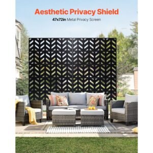 metal privacy screen, 47" w x 72" h, outdoor privacy screens 5 panel, freestanding outdoor divider with stand, decorative garden steel privacy fence for balcony patio indoor room black