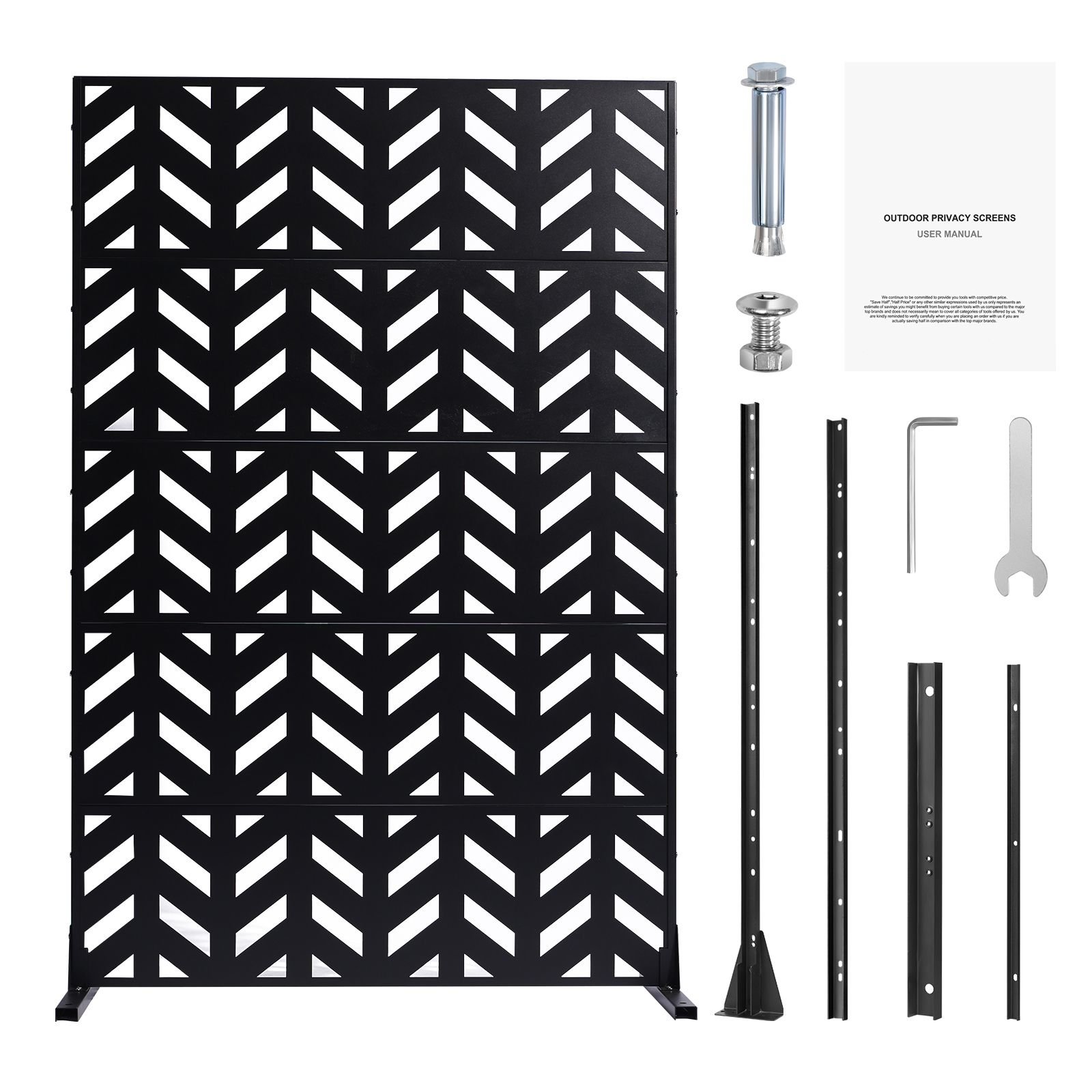 metal privacy screen, 47" w x 72" h, outdoor privacy screens 5 panel, freestanding outdoor divider with stand, decorative garden steel privacy fence for balcony patio indoor room black