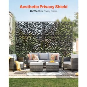 metal privacy screen, 47" w x 72" h, outdoor privacy screens & panels, freestanding outdoor divider with stand, 3 panel decorative garden steel privacy fence for balcony patio indoor room black