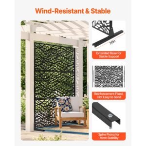 metal privacy screen, 47" w x 72" h, outdoor privacy screens & panels, freestanding outdoor divider with stand, 3 panel decorative garden steel privacy fence for balcony patio indoor room black