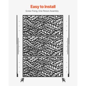 metal privacy screen, 47" w x 72" h, outdoor privacy screens & panels, freestanding outdoor divider with stand, 3 panel decorative garden steel privacy fence for balcony patio indoor room black