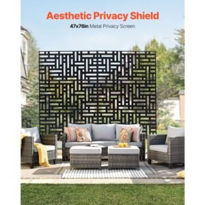 metal privacy screen, 47" w x 76" h, outdoor privacy screens 3 panel, freestanding outdoor divider with stand, decorative garden steel privacy fence for balcony patio indoor room hot tub black