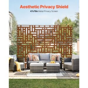 metal privacy screen, 47" w x 76" h, outdoor privacy screens 3 panel, freestanding outdoor divider with stand, decorative garden steel privacy fence for balcony patio indoor room hot tub brown